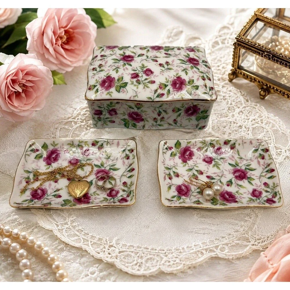Lefton Rose Chintz Trinket Jewelry Box 2 Nesting Vintage Dishes Japan